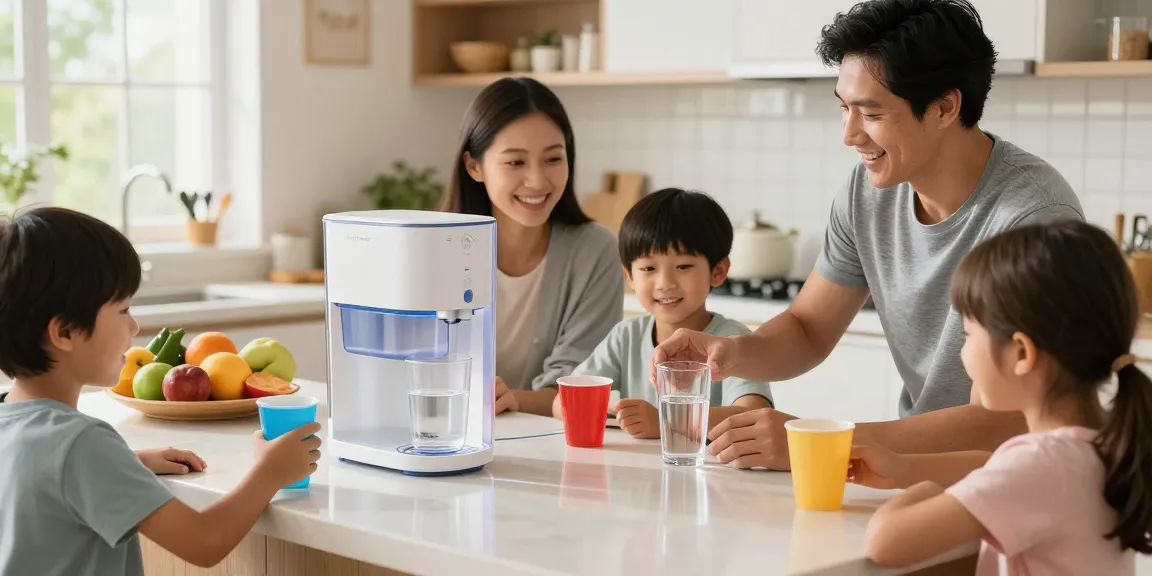 Family enjoying fresh water from the Waterdrop 40 Cup Dual Filter Dispenser in a bright kitchen.