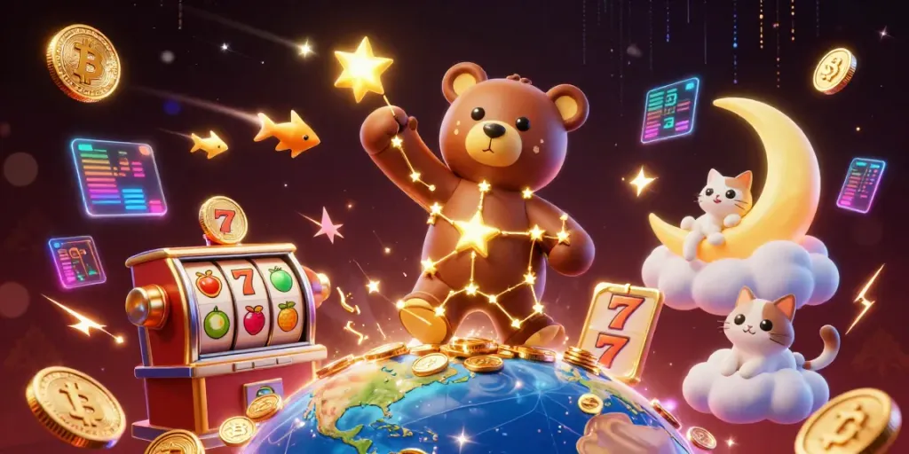 Slot yang mengundang keberuntungan dengan simbol dan koin 3D berkilau untuk para penjudi.