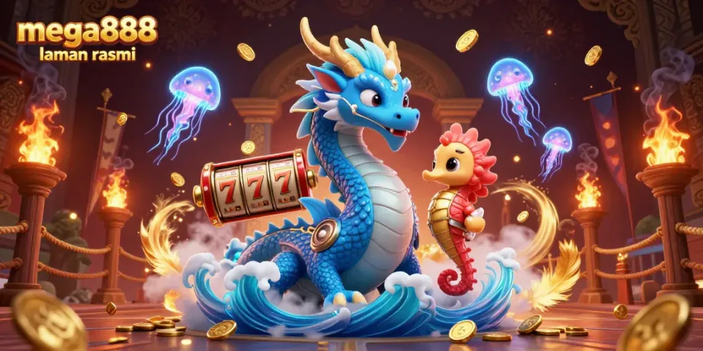 Mega888 laman rasmi showcases an exciting casino experience with a dragon, knight, and jellyfish amidst slot reels.