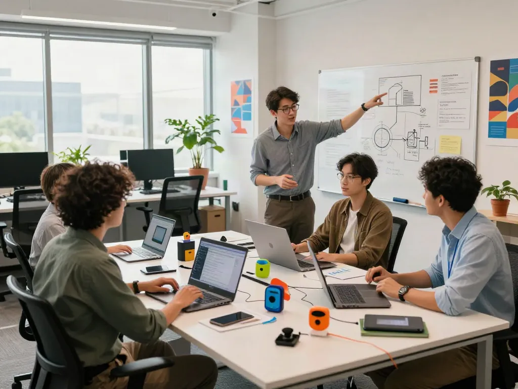 A80 information platform team collaboration scene in a modern tech office featuring brainstorming session and digital devices.