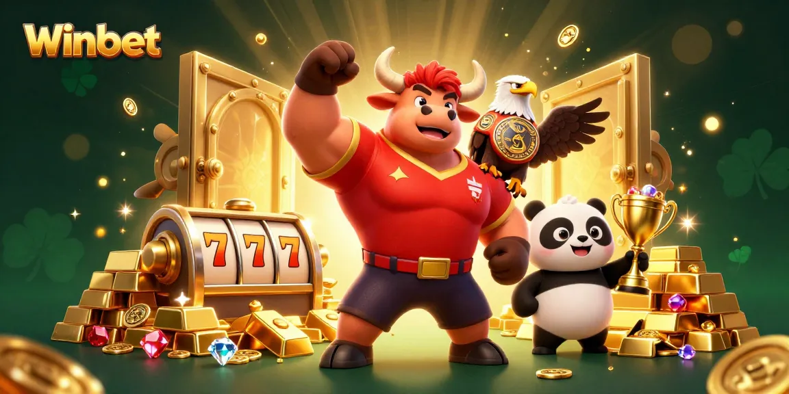 Winbet promotes engaging slots with a vibrant bull mascot, eagle, and trophy in a rich casino scene.