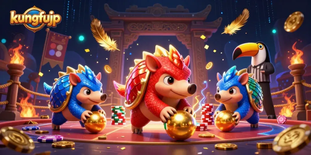 Kungfujp menampilkan pangolin yang bersaing dalam perjudian kasino, bertarung di arena dengan chip dan koin emas.