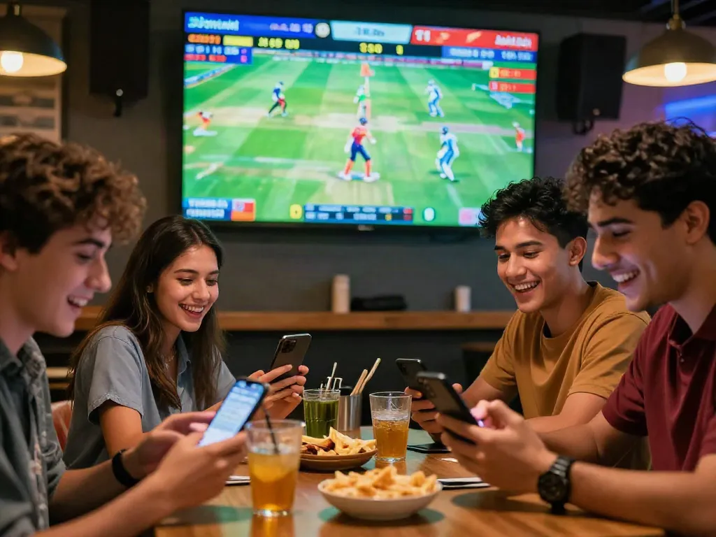Exciting sports betting scene with friends focusing on cricket and football matches through lotus365 platform.