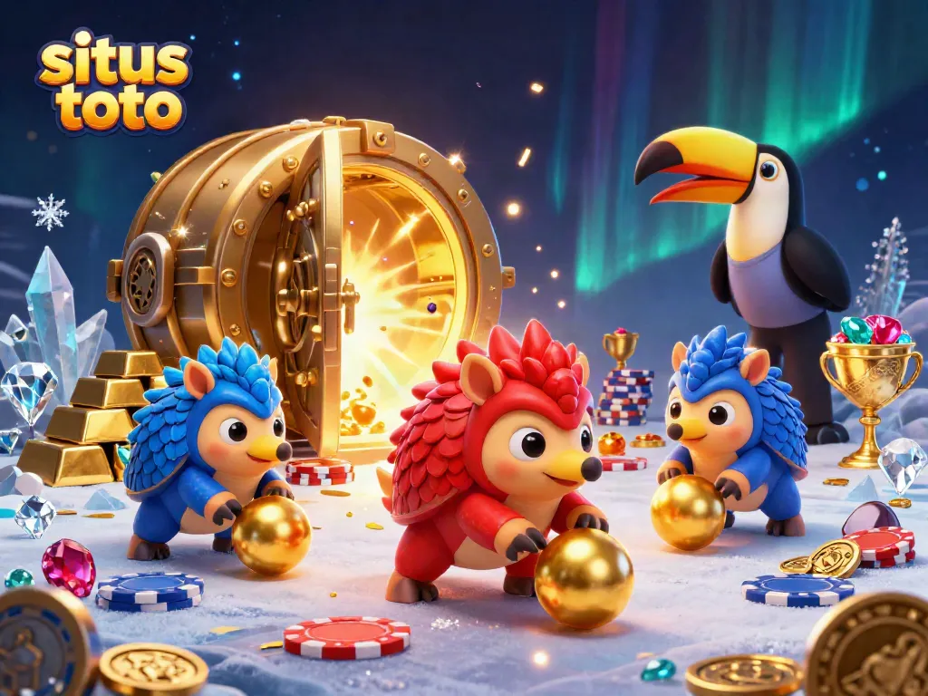 Situs toto gaming scene with two pangolins and casino elements showcasing poker chips and treasures