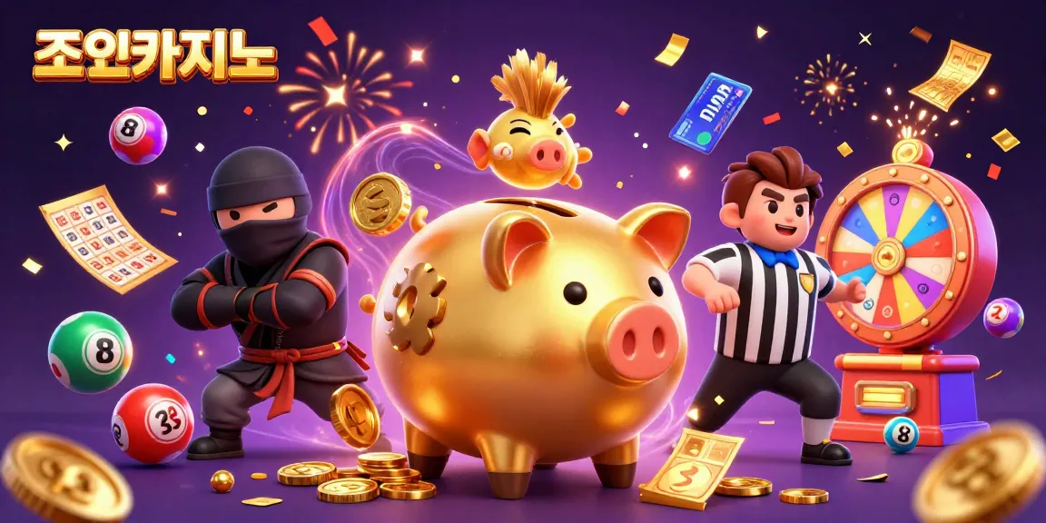 Join the excitement at 조이카지노 as a piggy bank sumo wrestler stomps coins in a vibrant casino scene.