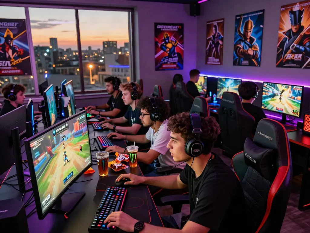 Exciting gaming session with diverse players focusing on rokok88, vibrant lounge atmosphere.