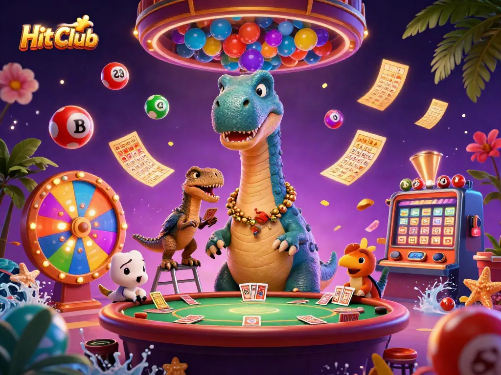 Hit Club gaming scene with a dinosaur dealer and action-packed lottery elements