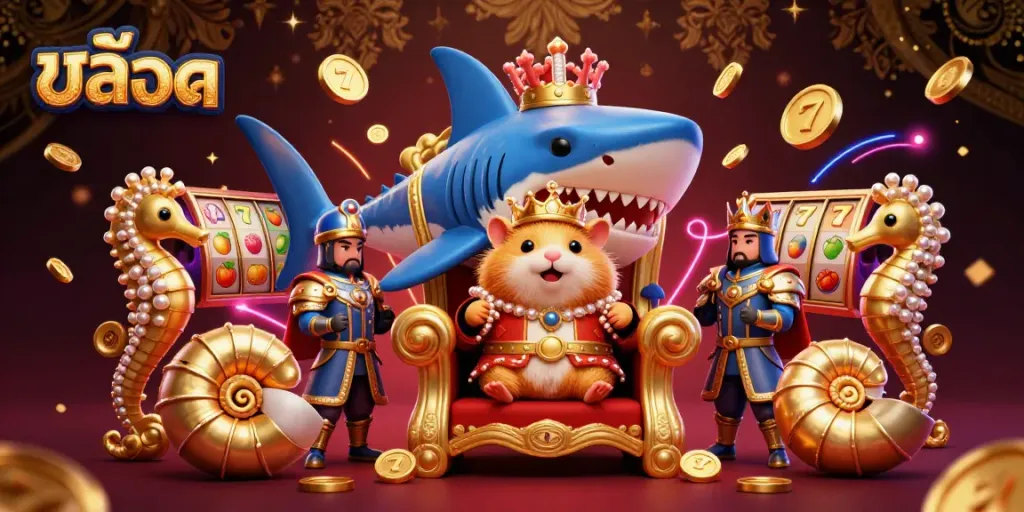 Experience the excitement of สล็อต with a golden hamster king in a vibrant 3D casino scene.