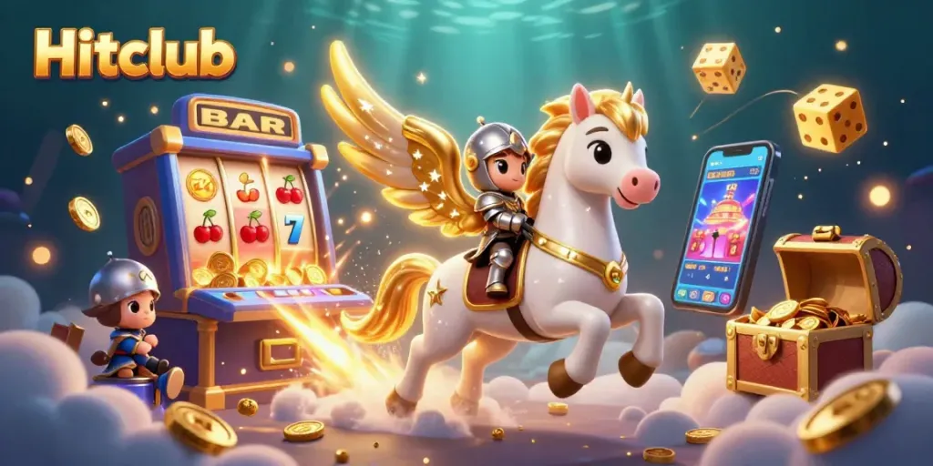 Hitclub engages players with a vibrant 3D casino scene featuring knights and jackpots bursting with prizes.