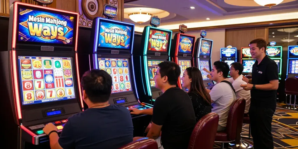 Mesinmpo dalam suasana kasino modern dengan pemain yang bersemangat mencoba Mesin Mahjong Ways 2.