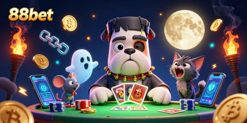 Experience the thrill of 88bet as a Frankenstein bulldog deals cards in a ghostly casino.
