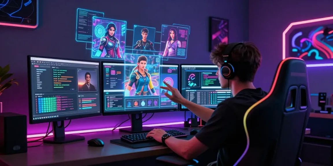 Engaging NSFW AI character customization scene with high-tech interface and holographic projections.