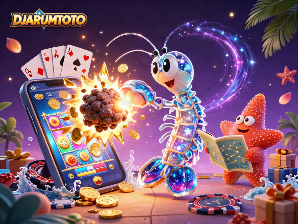 Experience exciting gameplay with DJARUMTOTO as vibrant slot games and colorful coins erupt in a dynamic scene.