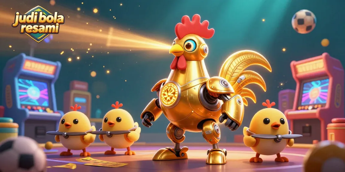 Engage in judi bola resmi betting with our vibrant illustration featuring a futuristic rooster and baby chick drones.