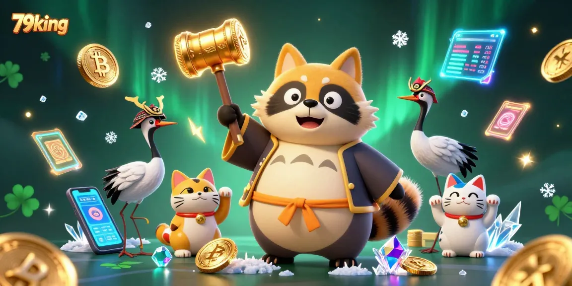 Experience the excitement of gambling at 79king with vibrant characters and crypto elements illustrating a lively casino atmosphere.