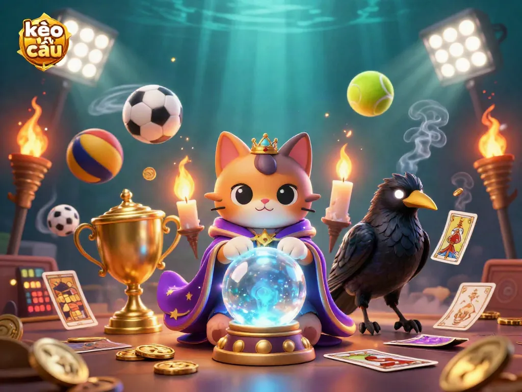 Experience kèo nhà cái with vibrant sports elements, mystical characters, and dynamic gaming atmosphere.