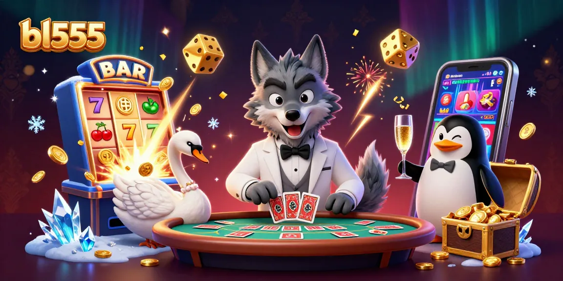 Experience bl555's thrilling casino action with a debonair wolf and elegant swan in this vibrant scene.