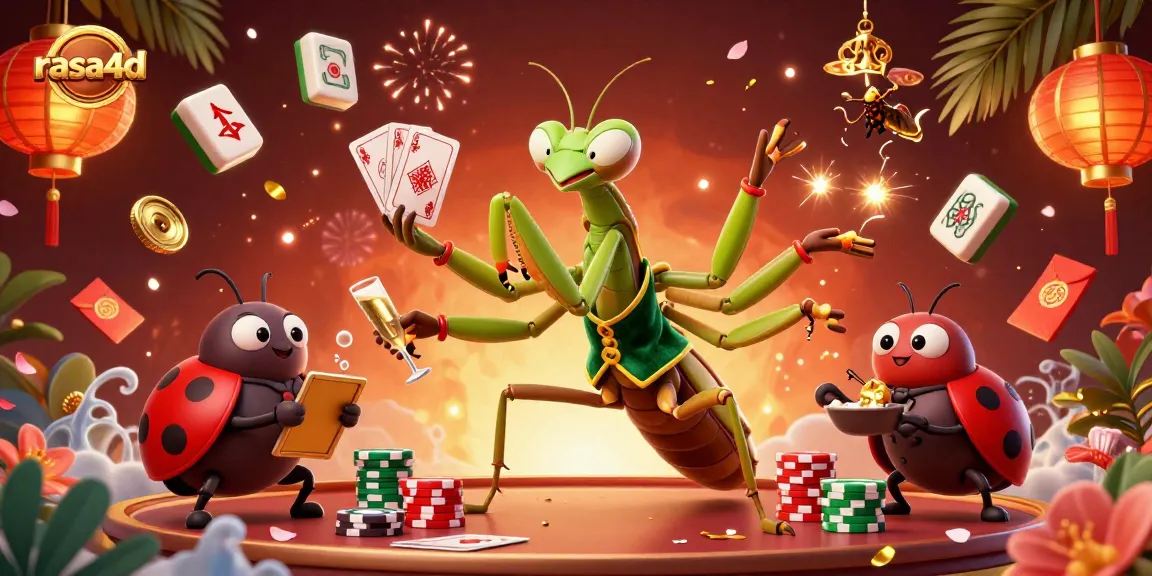 Gambar ilustrasi 3D yang menunjukkan aksi permainan dengan mantis raksasa dan ladybug boss di kasino online, rasa4d.