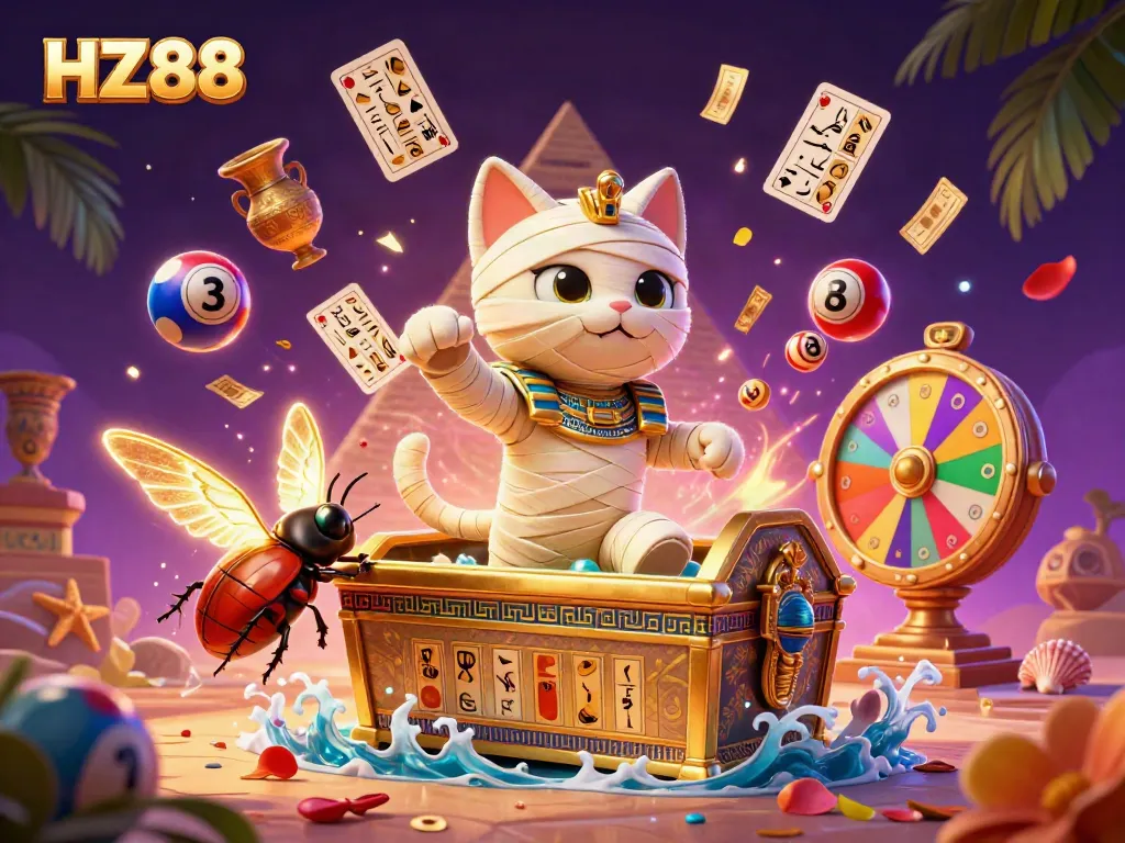 Experience thrilling moments at HZ88 as a cartoon mummy cat bursts from a sarcophagus amidst vibrant gaming elements.