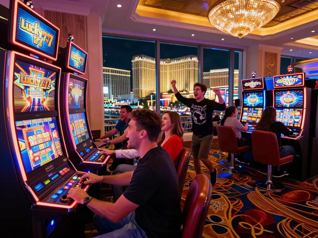 Excited players enjoying the Lucky777 slot machine in a vibrant casino atmosphere.