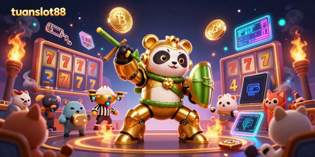 Tuanslot88 menghadirkan ilustrasi 3D situs slot dengan panda emas dalam robot bertarung dan elemen perjudian digital yang menarik.