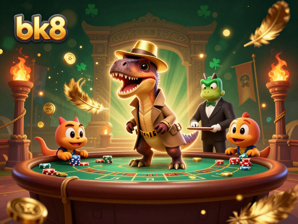 Experience vibrant gaming action at BK8 with cartoon dinosaurs engaging at a blackjack table.