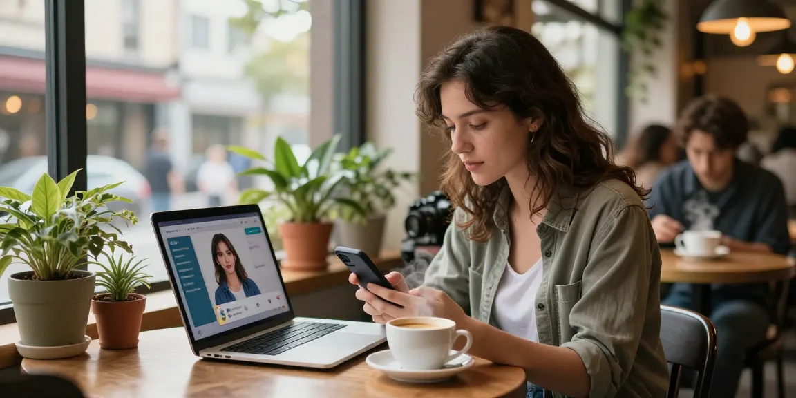 Enjoying time with an AI girlfriend at a café, young woman engaging with smartphone in a lively urban setting.