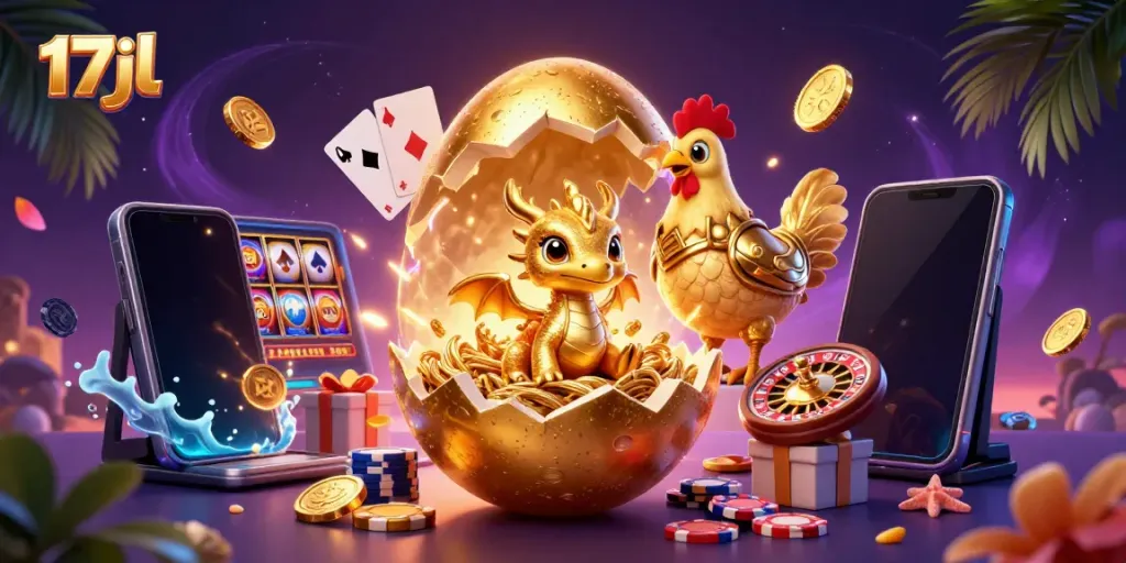 Experience winning thrills at 17jl with a golden baby dragon, poker chips, and a vibrant game scene.
