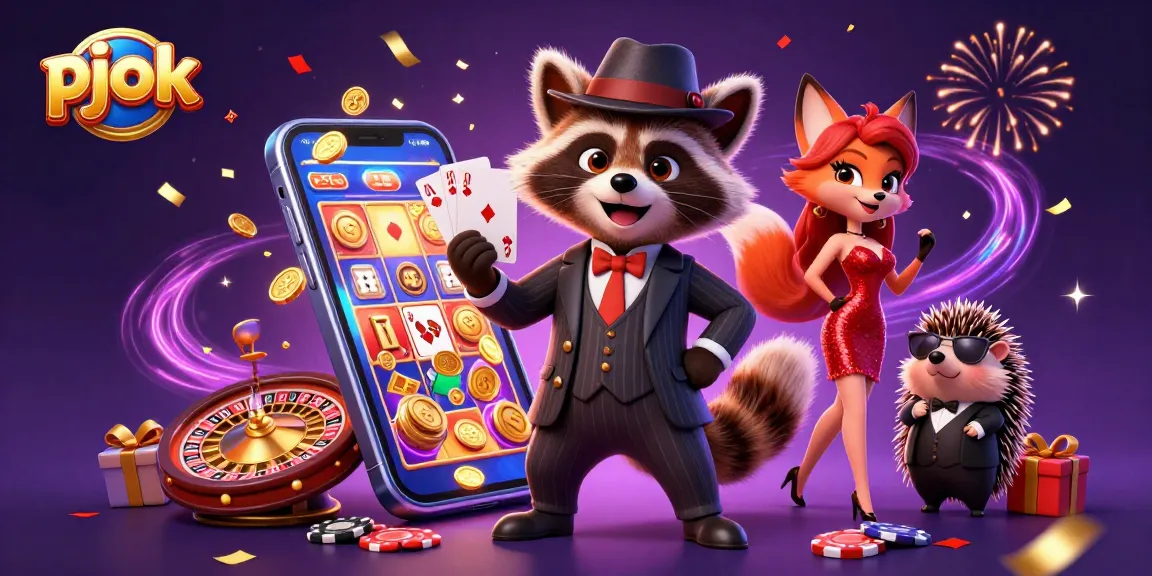 PJOK's vibrant gaming scene features a raccoon, fox, and hedgehog amid colorful casino elements.
