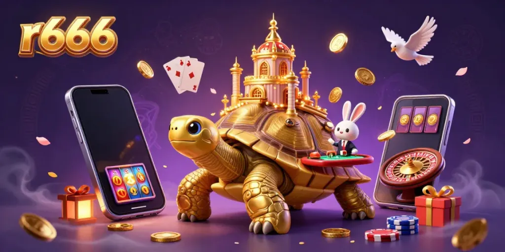 Experience the thrilling r666 casino environment with vibrant games, a golden tortoise, and a rabbit dealer.