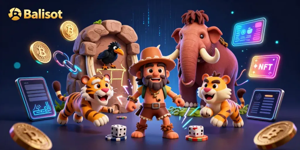Balislot showcases a dynamic prehistoric casino scene with cartoon characters playing, surrounded by crypto coins.