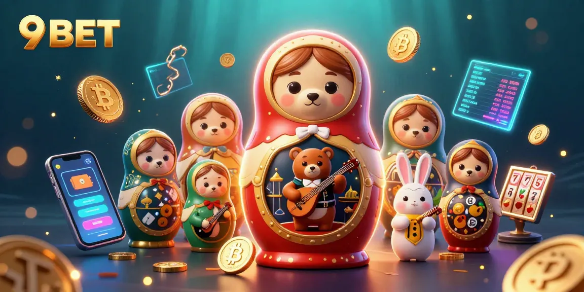 Bet on exciting games with 9BET, featuring vivid 3D illustration of casino elements and characters.