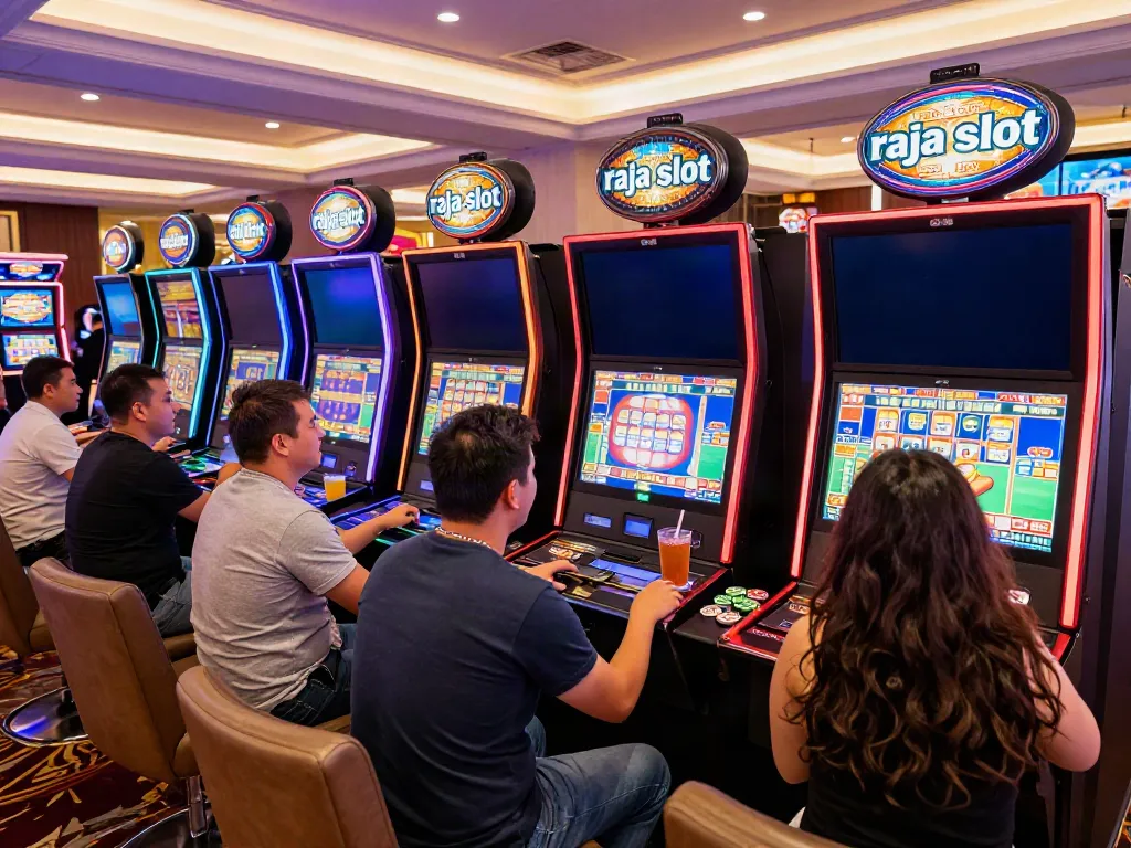 Exciting casino scene with diverse players enjoying raja slot machines.