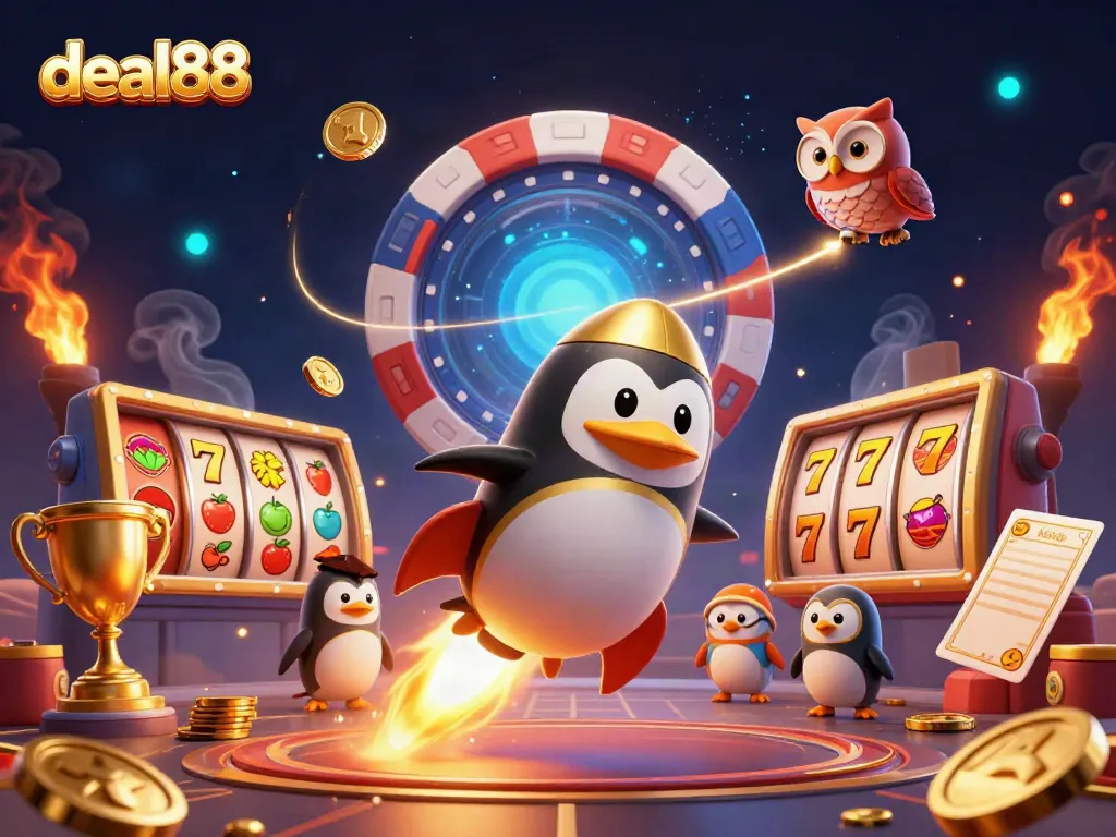 Bet on deal88's vibrant casino adventure with a golden penguin and slot reels!