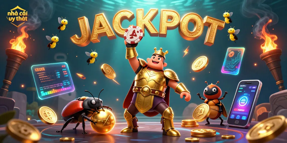 Engage with a vibrant illustration of nhà cái uy tín showcasing a victorious beetle amidst glowing casino elements.