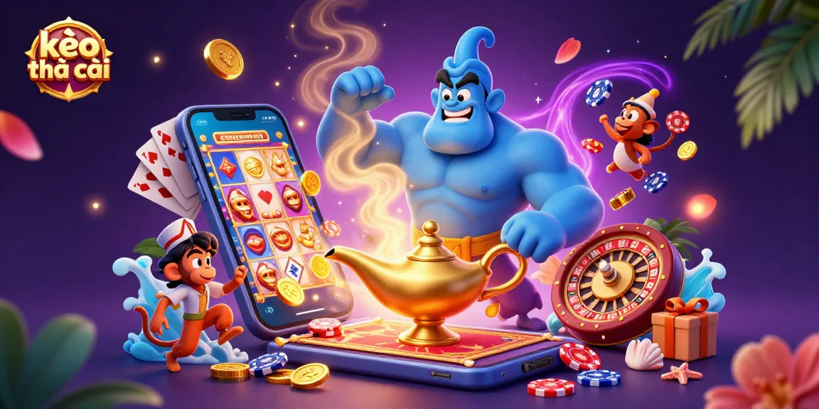 Engage with kèo nhà cái exploring vibrant 3D genie scene featuring casino elements and lively characters.
