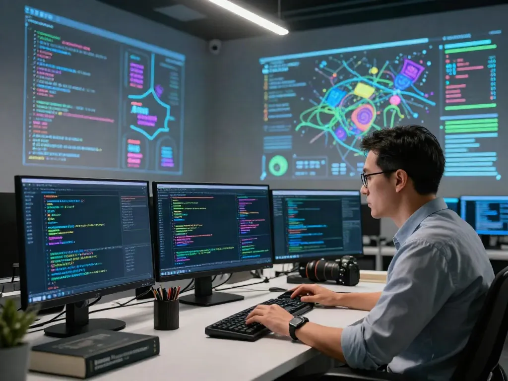A researcher examining complex dark web data in a high-tech workspace, highlighting the hidden wiki dark web.