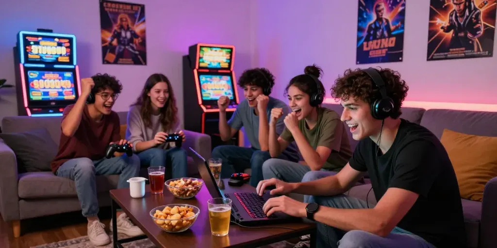 Friends enjoying a gaming night playing slot888, focused on the laptop with snacks around.