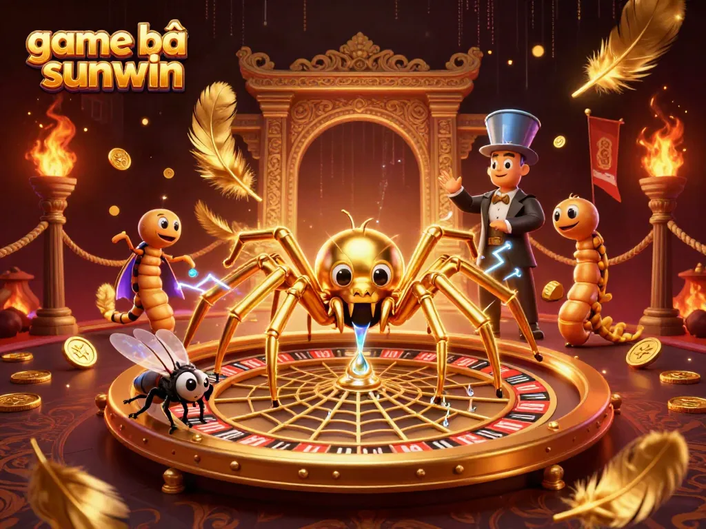 Engaging scene featuring game bài sunwin elements with a golden spider and a centipede croupier at a roulette wheel.