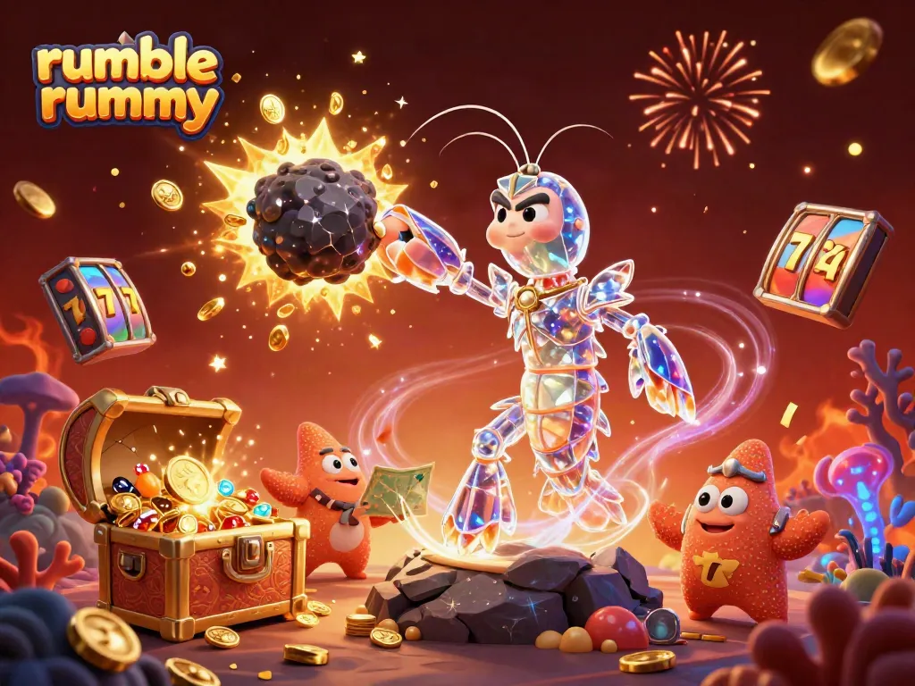 Experience the excitement of rumble rummy with a dynamic 3D scene featuring samurai shrimp and slots.