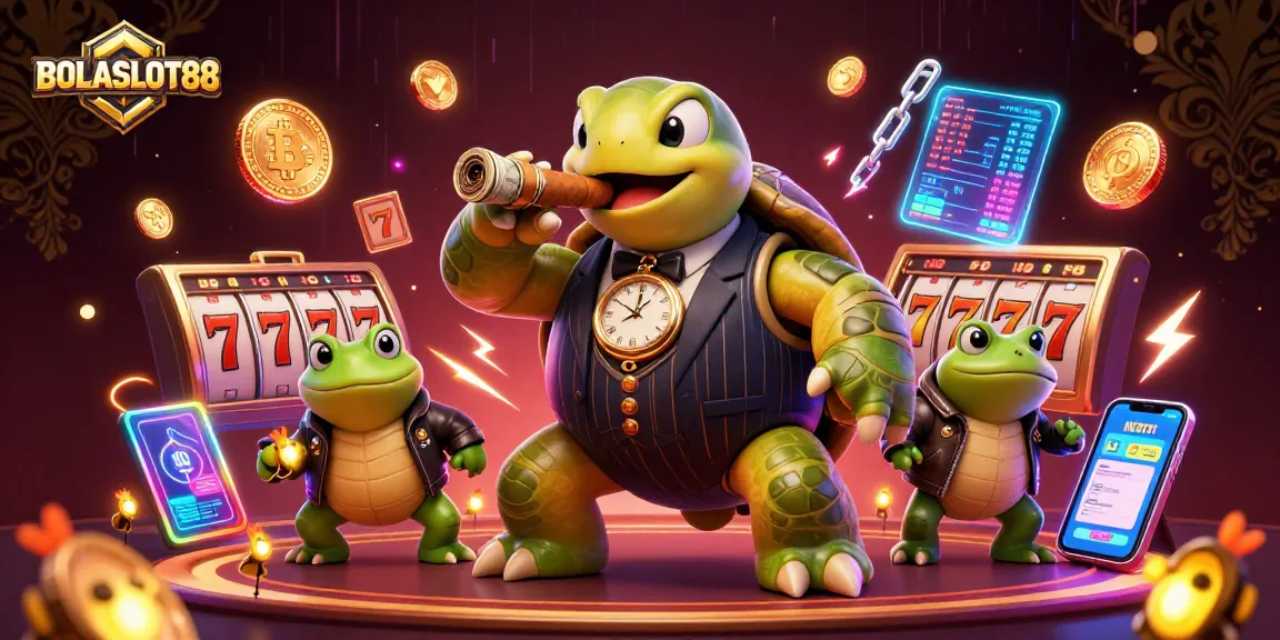 BOLASLOT88 showcases a vibrant casino scene featuring a turtle mobster and bullfrog enforcers amidst slot games and cryptocurrency.