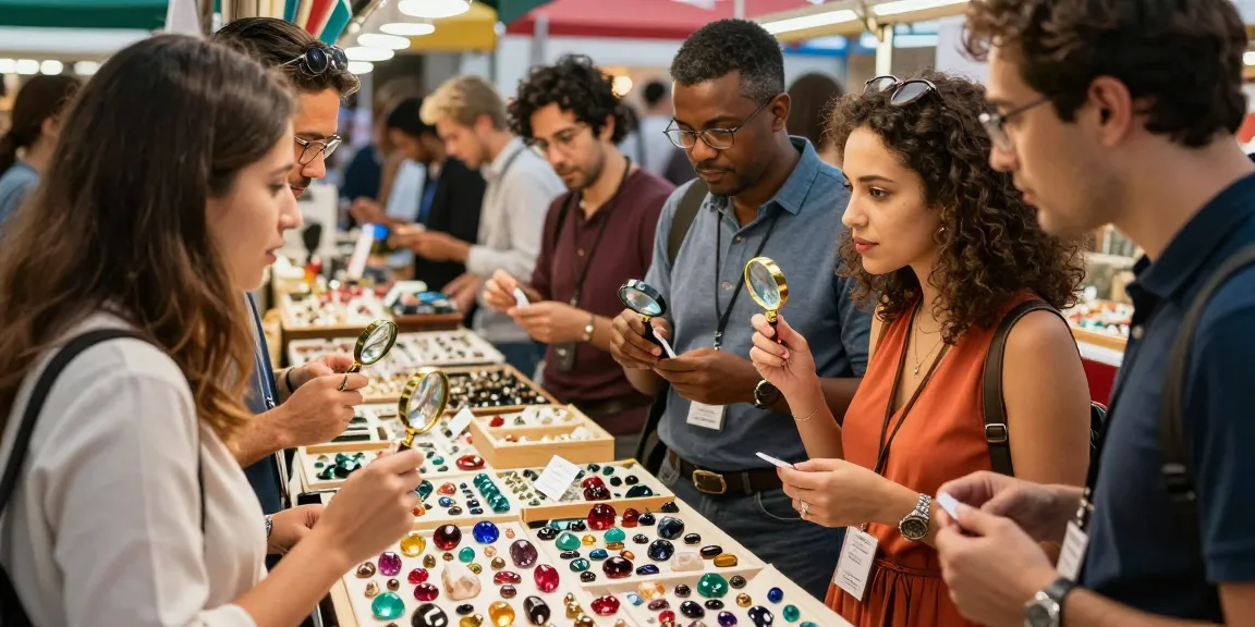 Explore quality gemstones at https://www.mygemspot.com in a vibrant marketplace with enthusiastic shoppers.