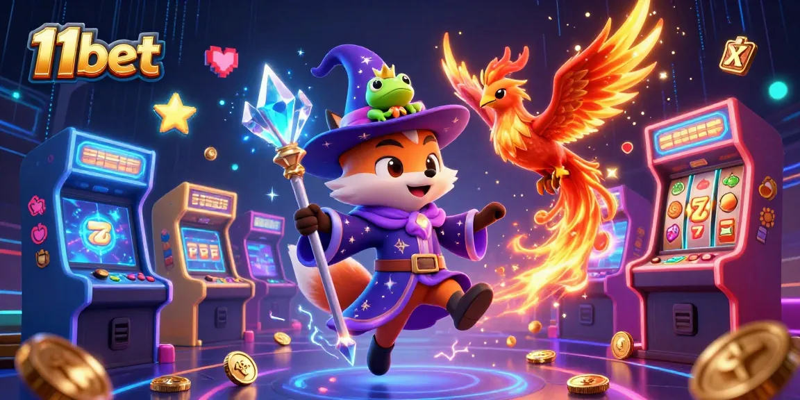 Experience the magic of 11bet with a wizard fox, phoenix, and arcade games in a dazzling casino scene.