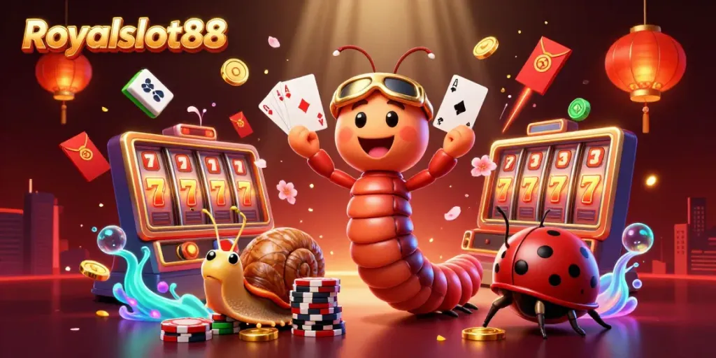 Menggoda pemain dengan permainan slot di Royalslot88, menunjukkan dealer dan keasyikan kasino.