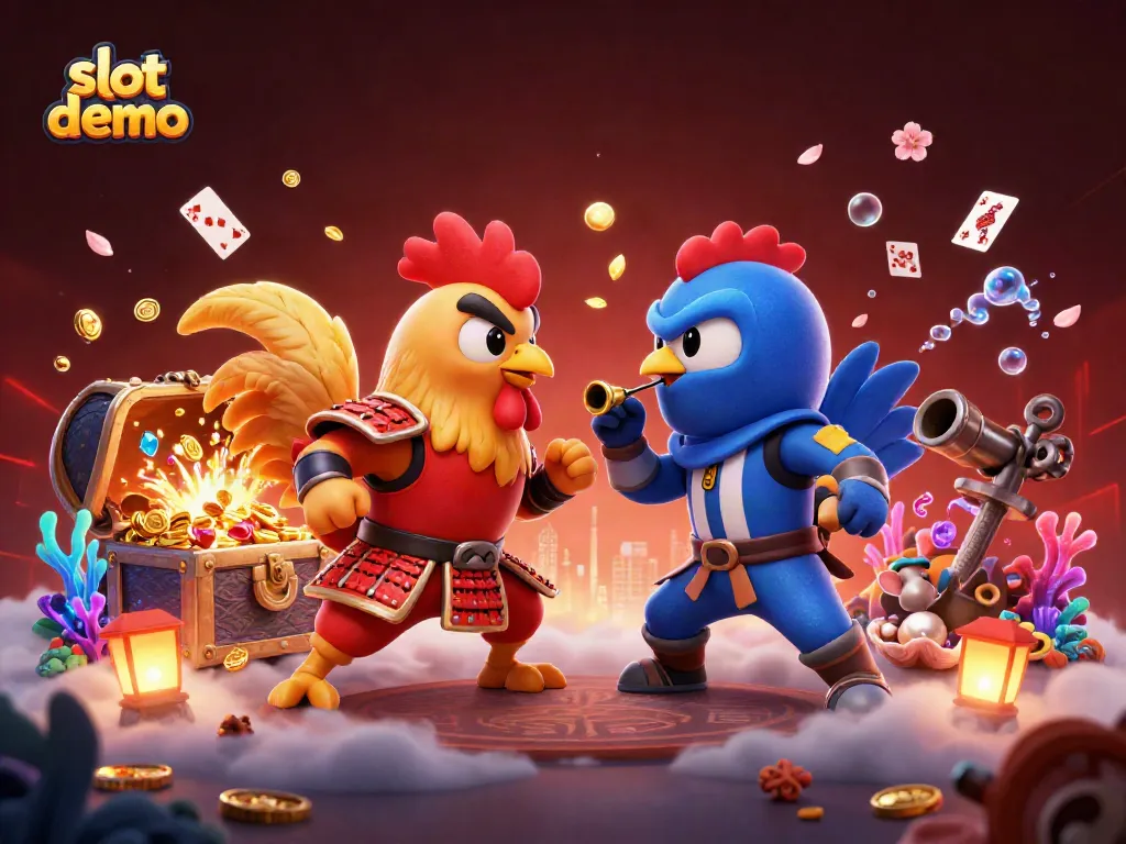 Mainkan slot demo dengan serunya pertarungan dua ayam jantan 3D bertema judi dan simbol keberuntungan di sekitar mereka.