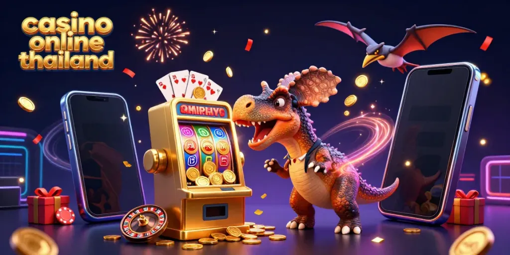Engaging scene featuring a pachycephalosaurus enjoying a jackpot win at an online casino in Thailand.