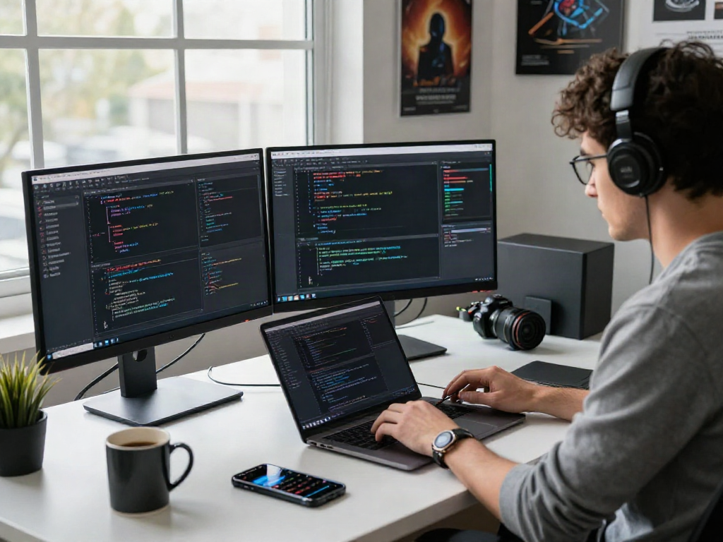 Developer focused on the mgm app interface at a modern tech workspace, showcasing coding tools and a vibrant atmosphere.