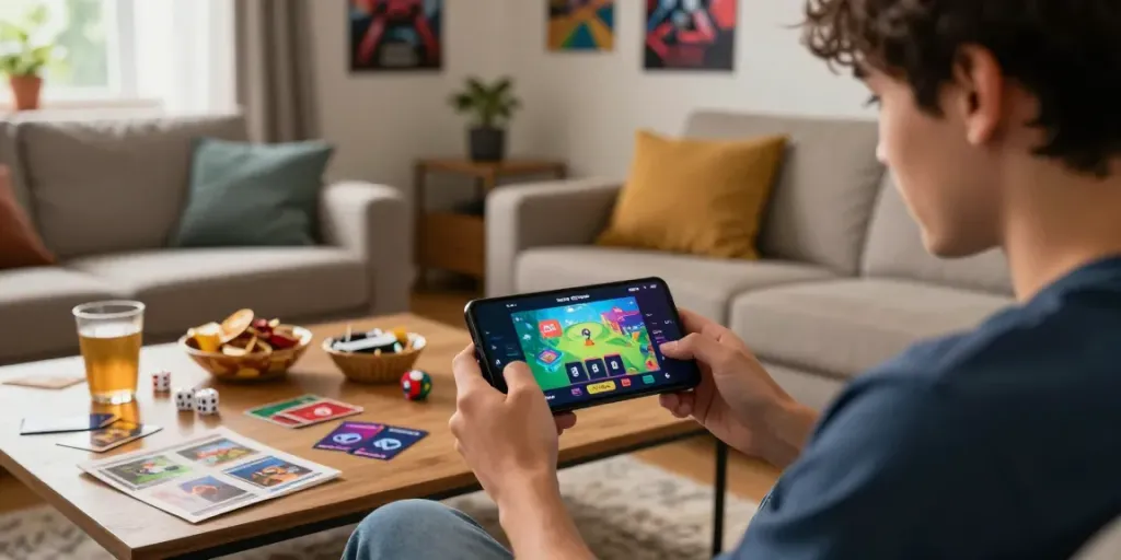 Engaged user playing Yono Games on Android in a cozy living room atmosphere.
