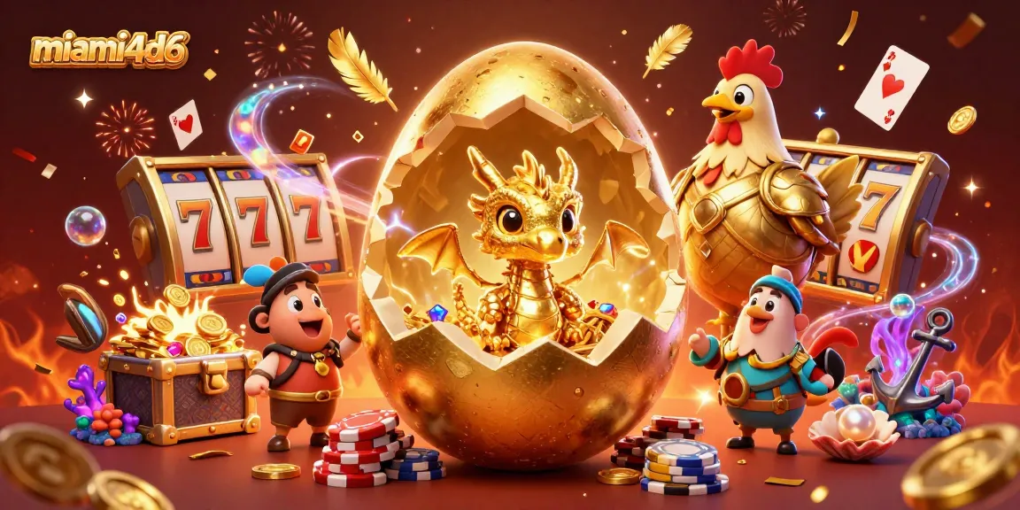 Experience thrilling moments with miami4d6 in this vibrant 3D scene filled with slot reels, golden treasures, and exciting gameplay.