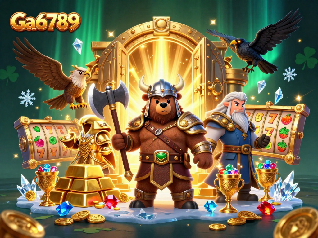 Engage with Ga6789, featuring a Viking bear, Valkyrie eagle, and treasure, in an exciting slots scene.